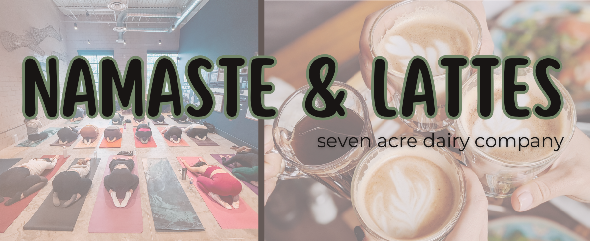 People doing yoga on mats and people toasting latte cups. Text reads 