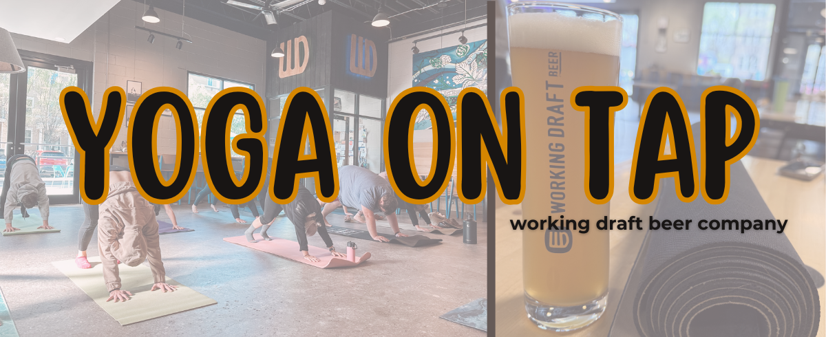 Yoga class in brewery: Yoga on Tap. Saturday, December 20. Beer glass and yoga mats visible.