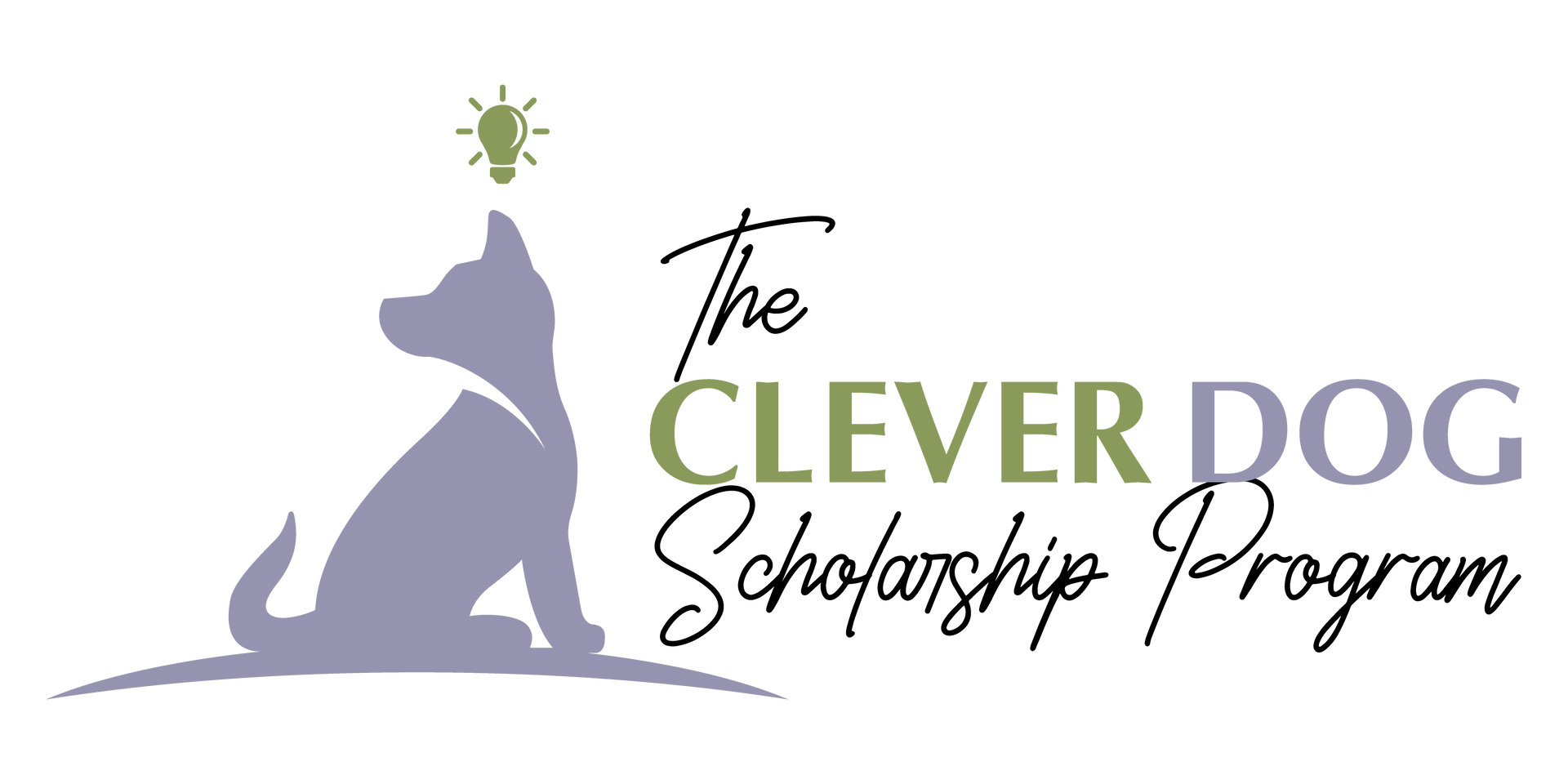 A logo for the clever dog scholarship program with a dog and a light bulb.