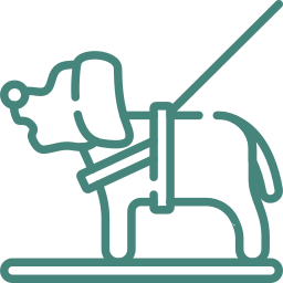 A line drawing of a dog on a leash.