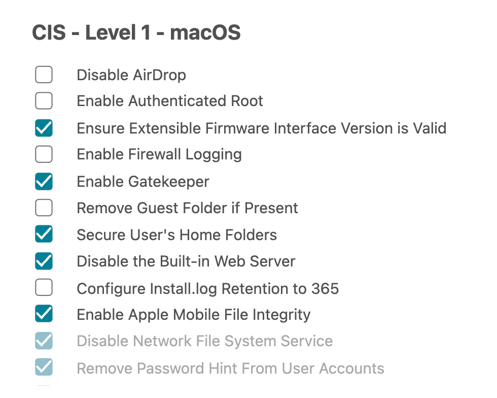 a list of cis level 1 macos settings | Apple Security Solutions