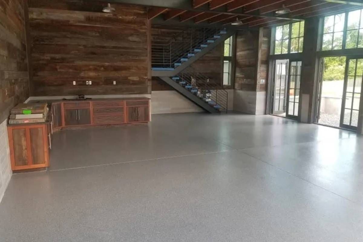 Resin floor in a modern-industrial lofted room near Myrtle Beach, SC