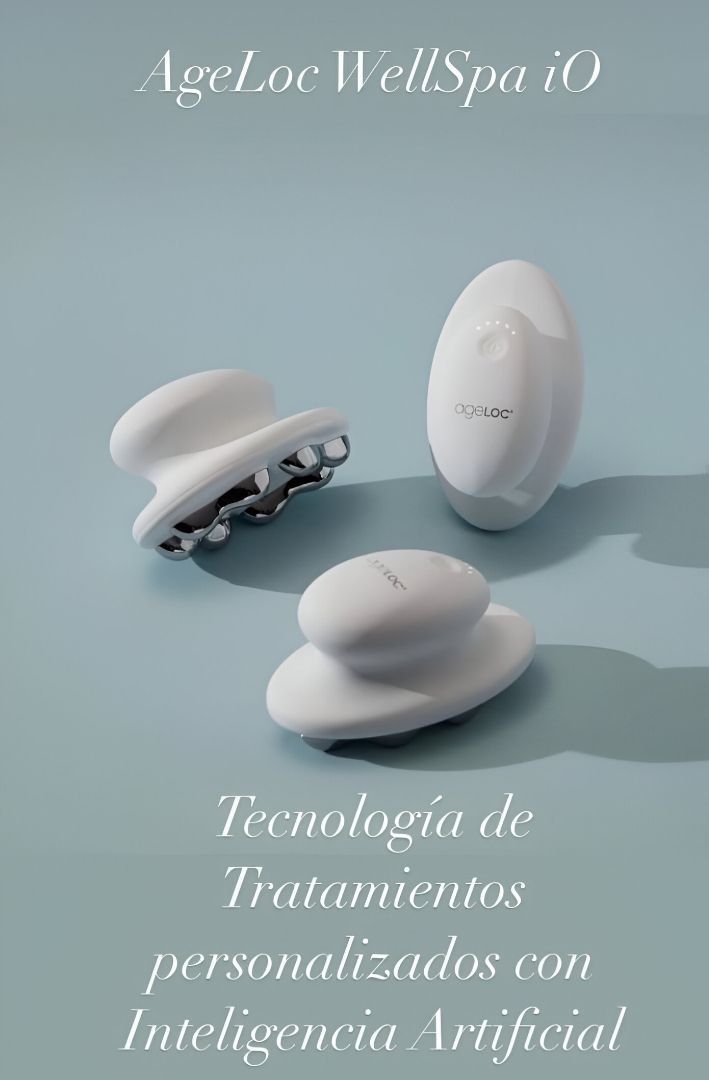 White Nu Skin WellSpa iO device on a blue background, with the text 