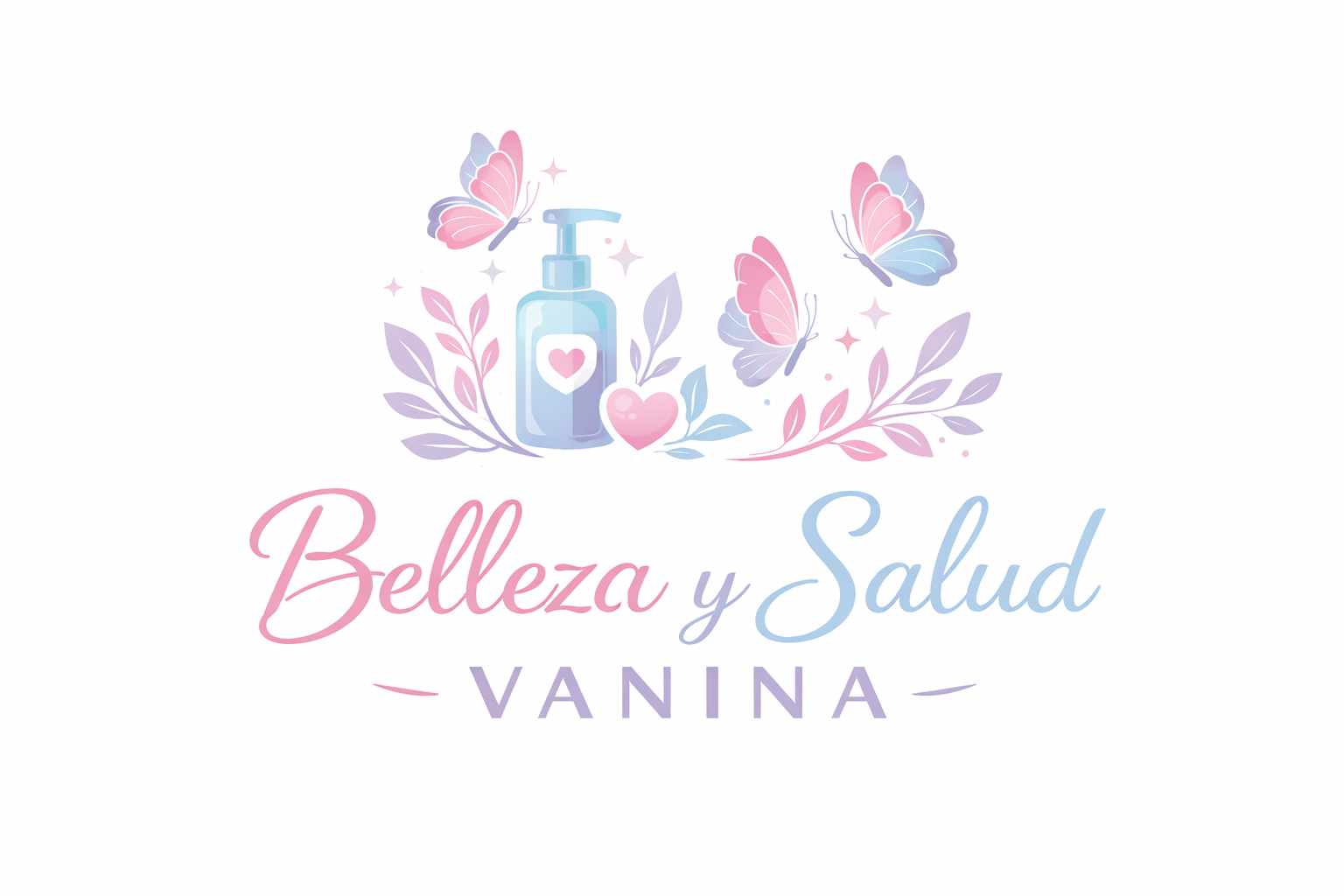 Logotipo: botella azul, corazones rosas, mariposas, follaje y texto