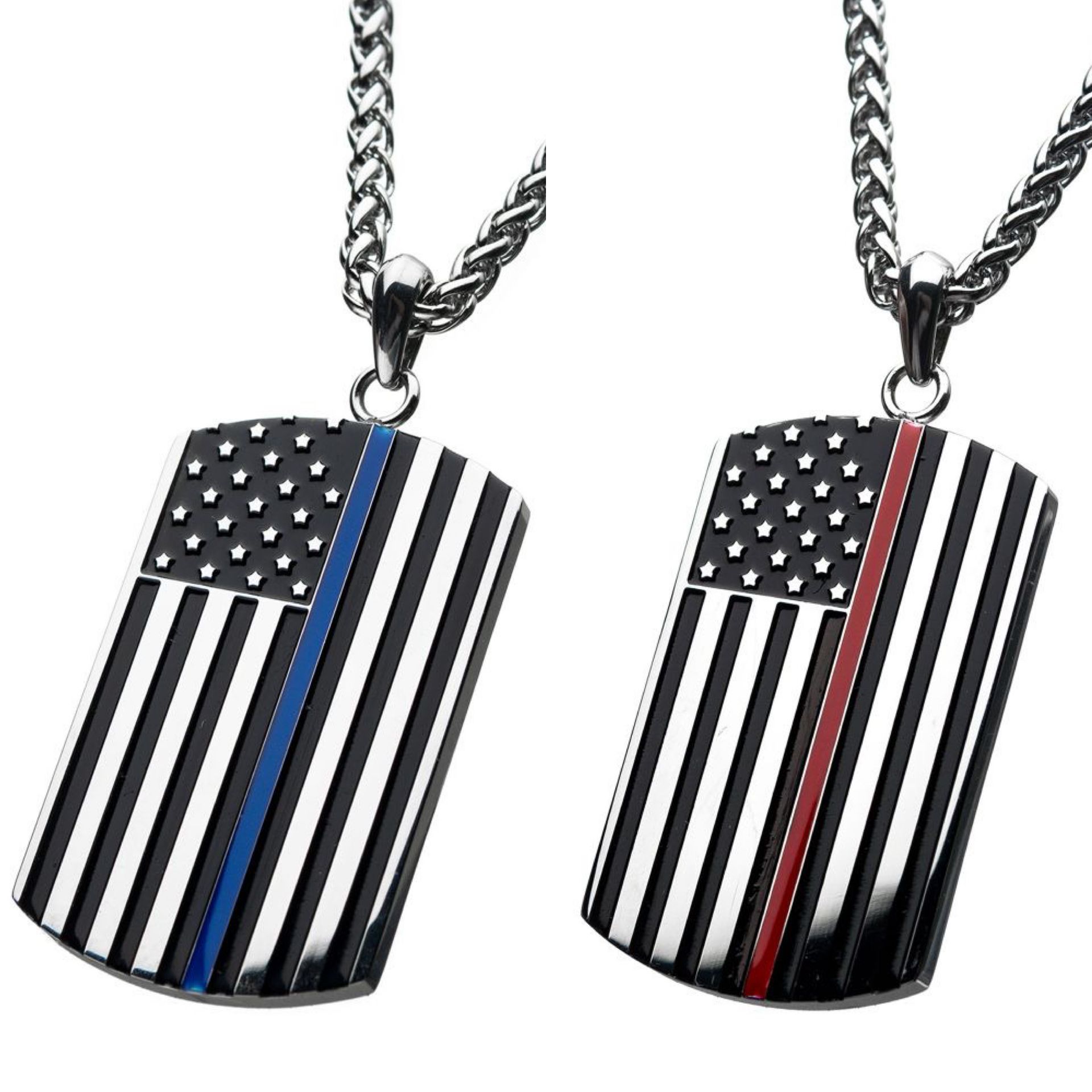 Two necklaces with american flags on them on a chain.