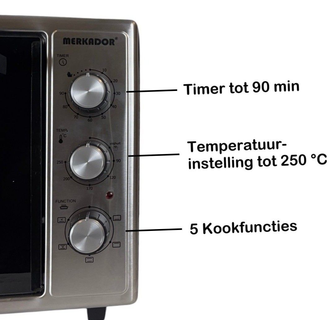 Merkador XL Vrijstaande Oven - 50 Liter - 2000 Watt - RVS Afwerking - Hetelucht - Gemakkelijk Te Reinigen Geëmailleerde Zijwanden