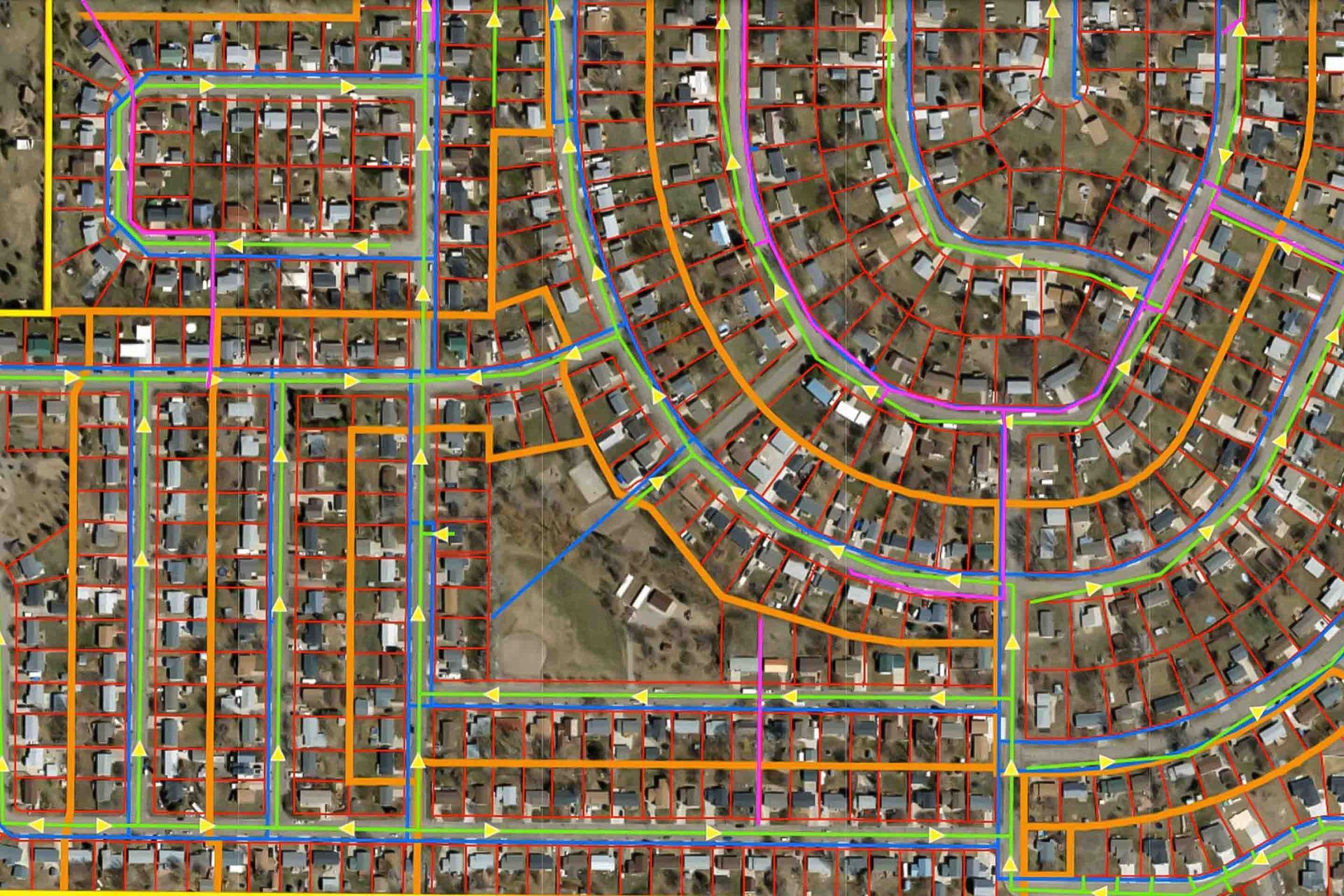 Overhead view of a suburban neighborhood with colorful lines overlaid on streets, possibly showing utility lines.