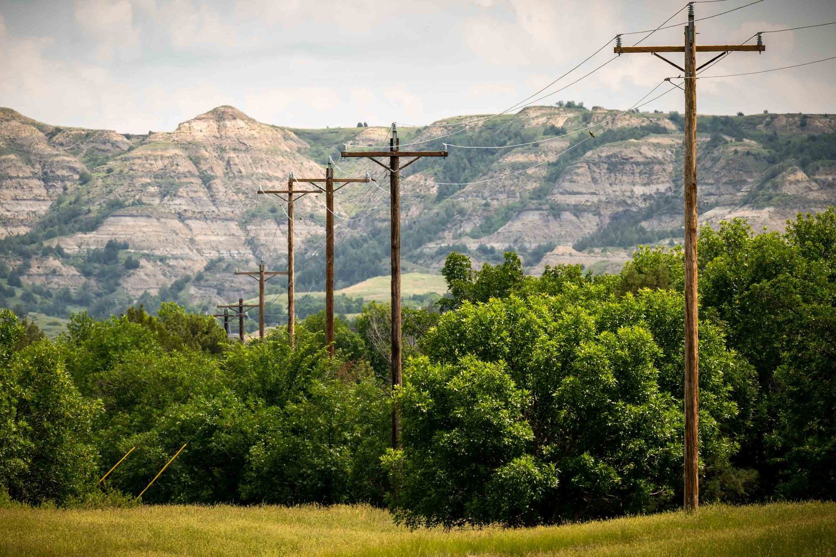 Power lines extend across a green field with trees, leading to a textured, layered mountain range under a cloudy sky.