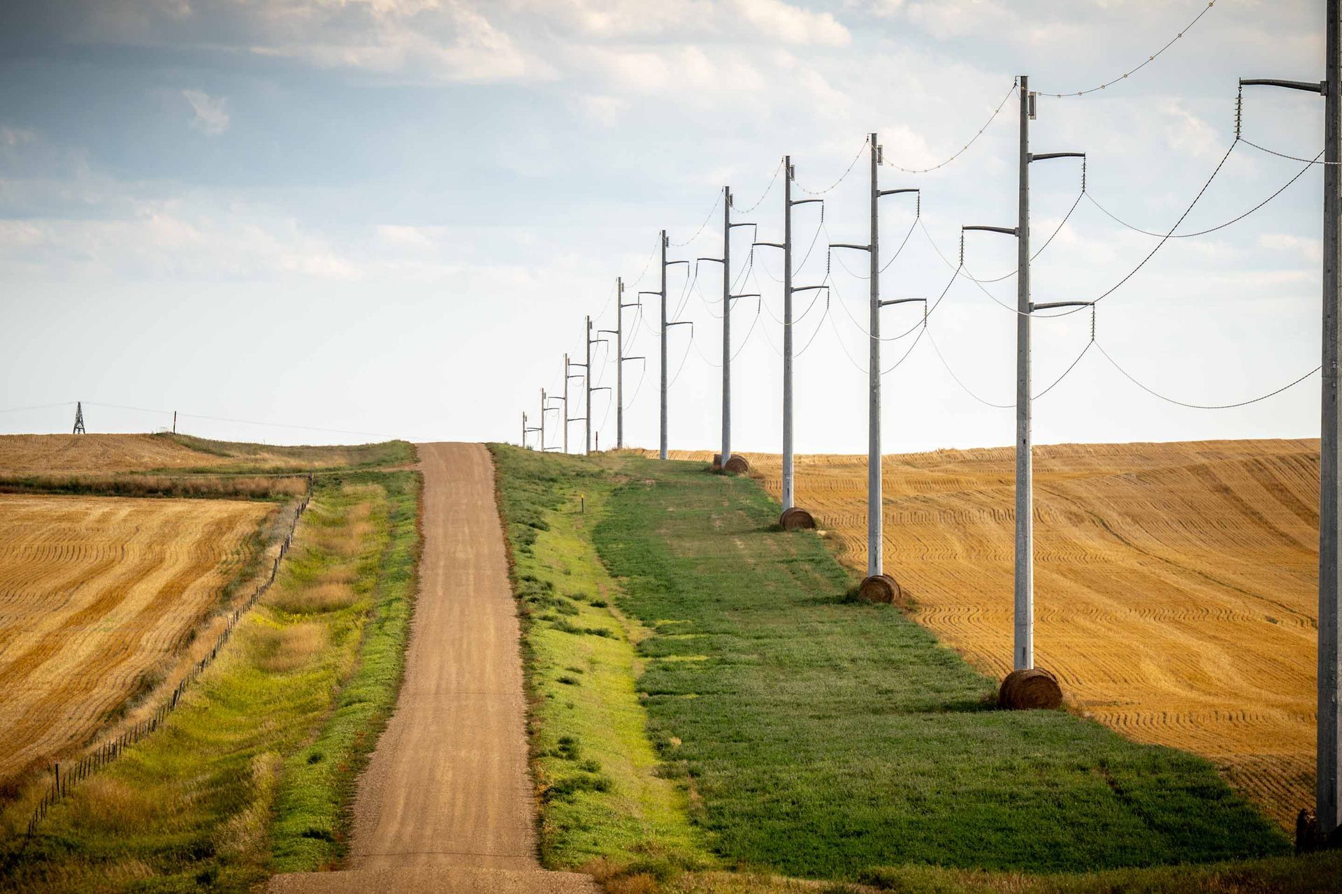 Dirt road through a harvested field with power lines running alongside.