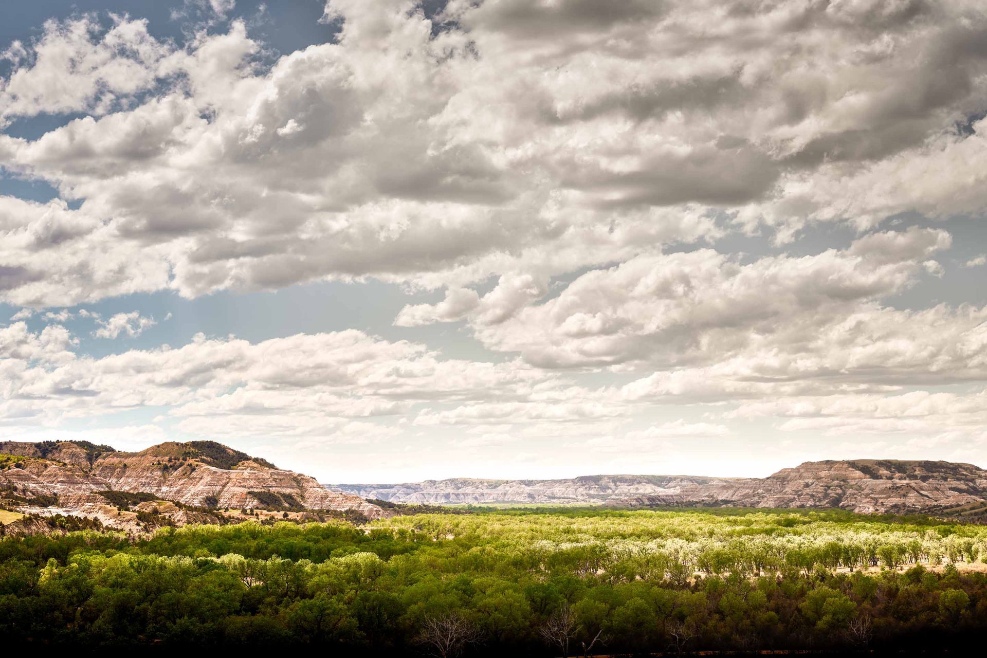 Rolling green landscape beneath a cloudy sky, with rocky hills in the distance.