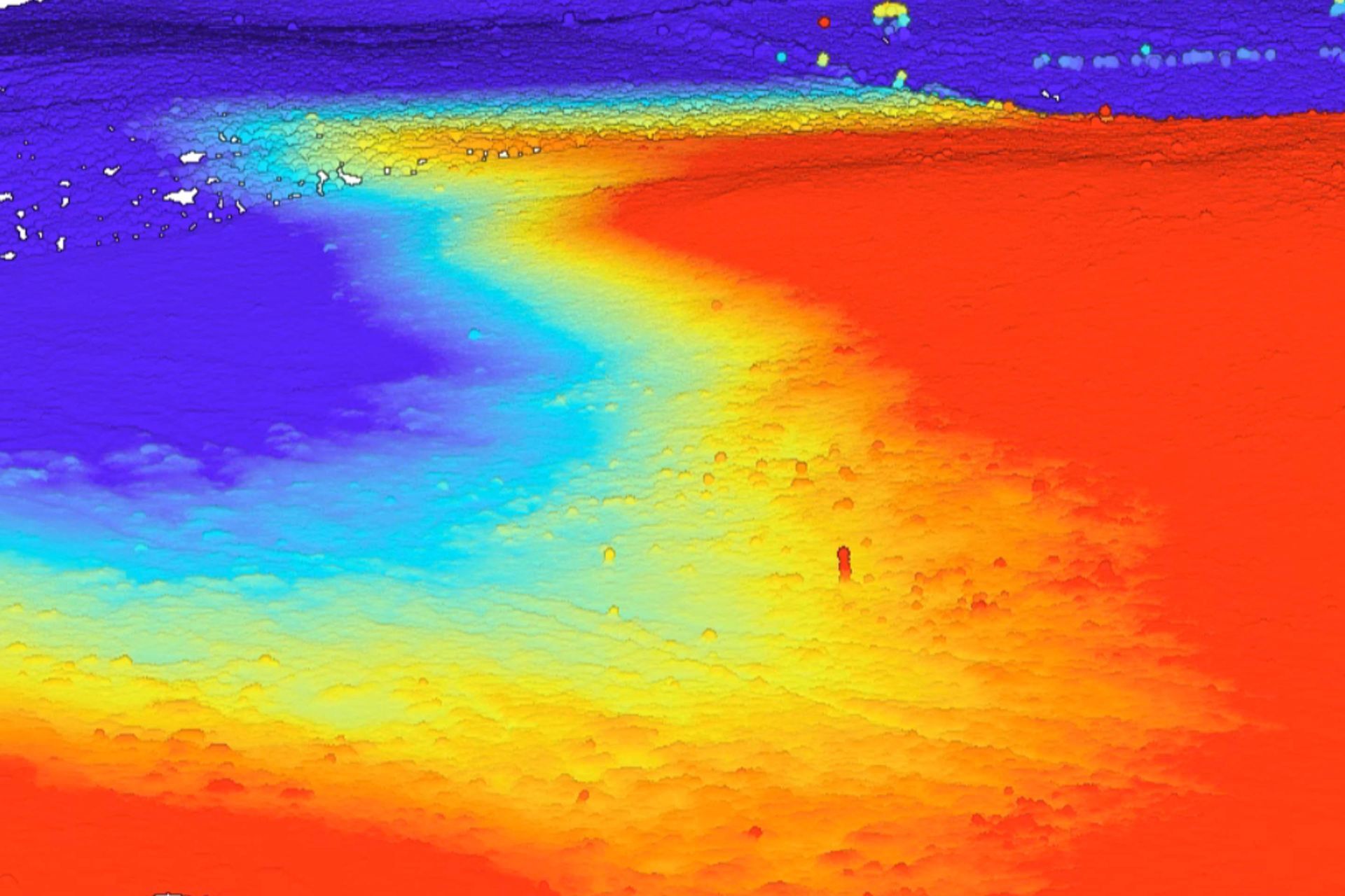 Heat map of a beach, with colors ranging from blue (cool) to red (hot) along a winding path.
