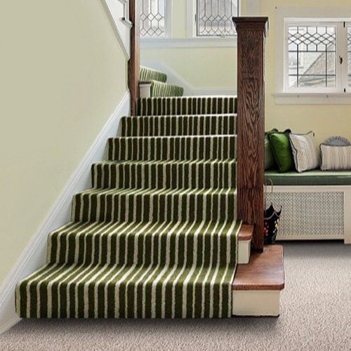 Green Striped Carpet on Stairs