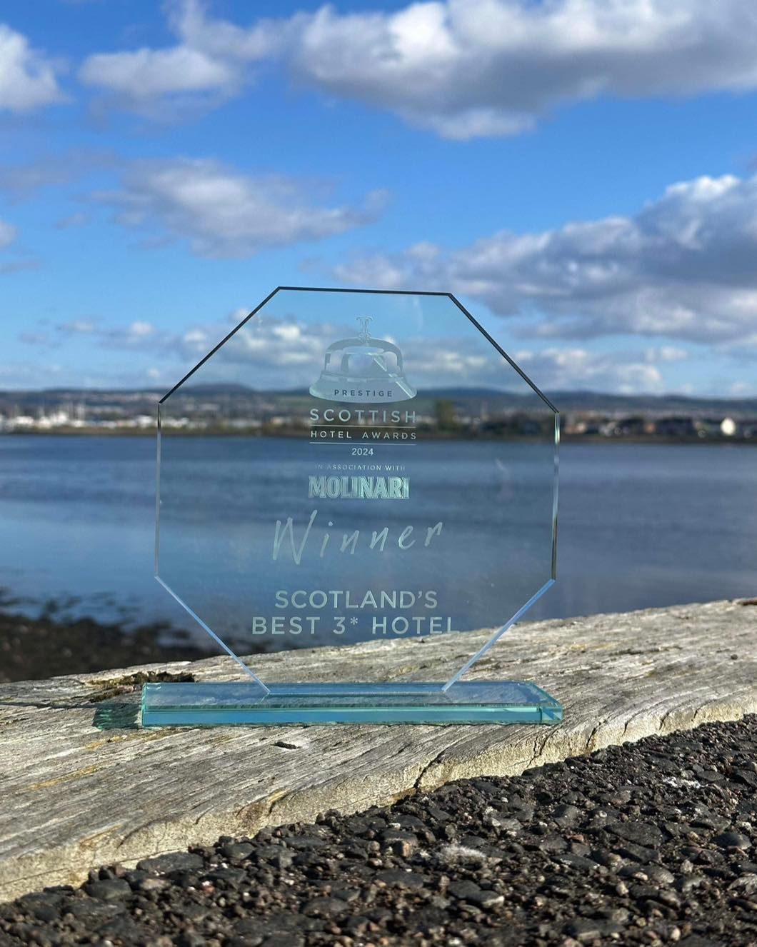 A glass trophy is sitting on a rock next to a body of water.