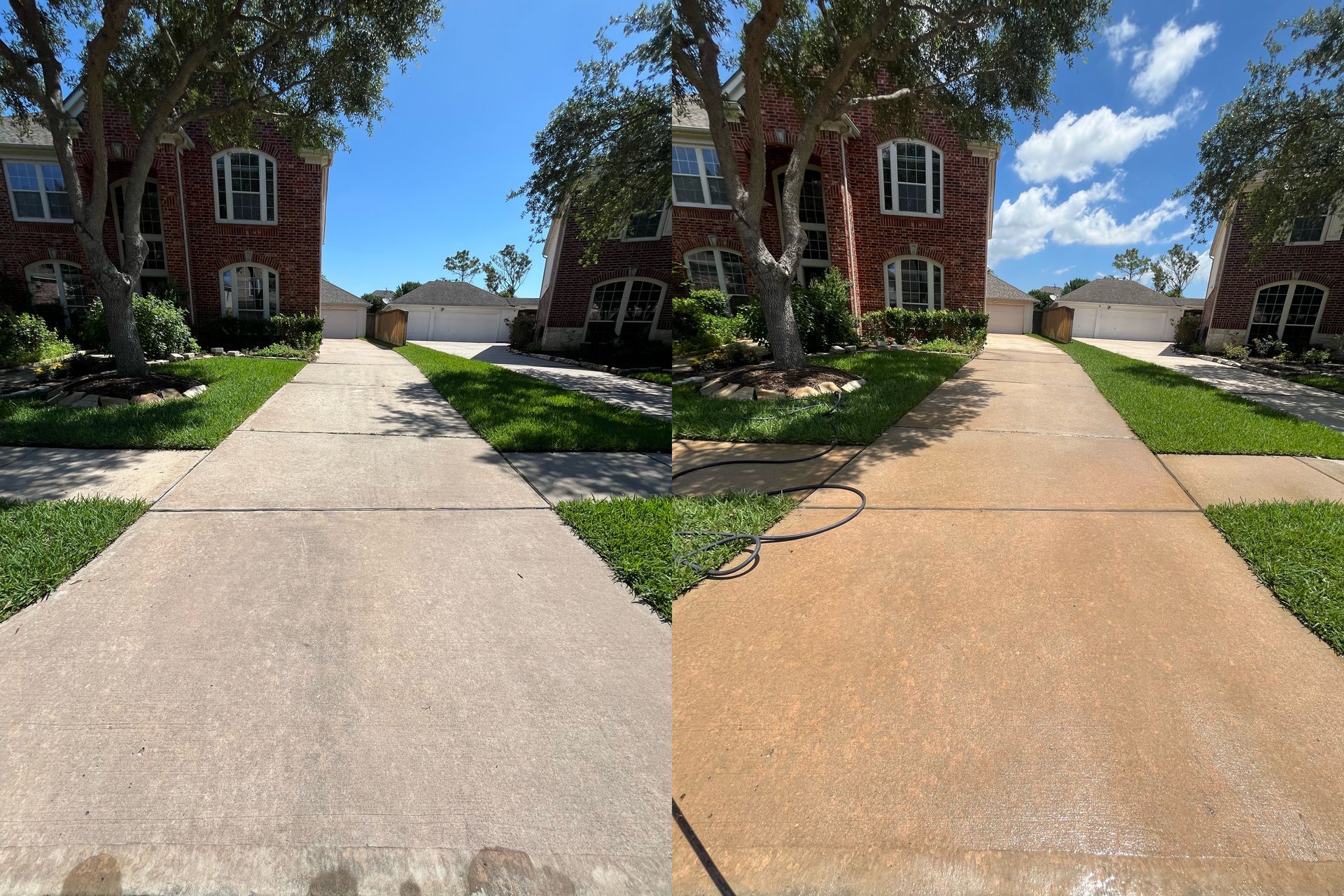 A before and after photo of a concrete driveway in front of a house.