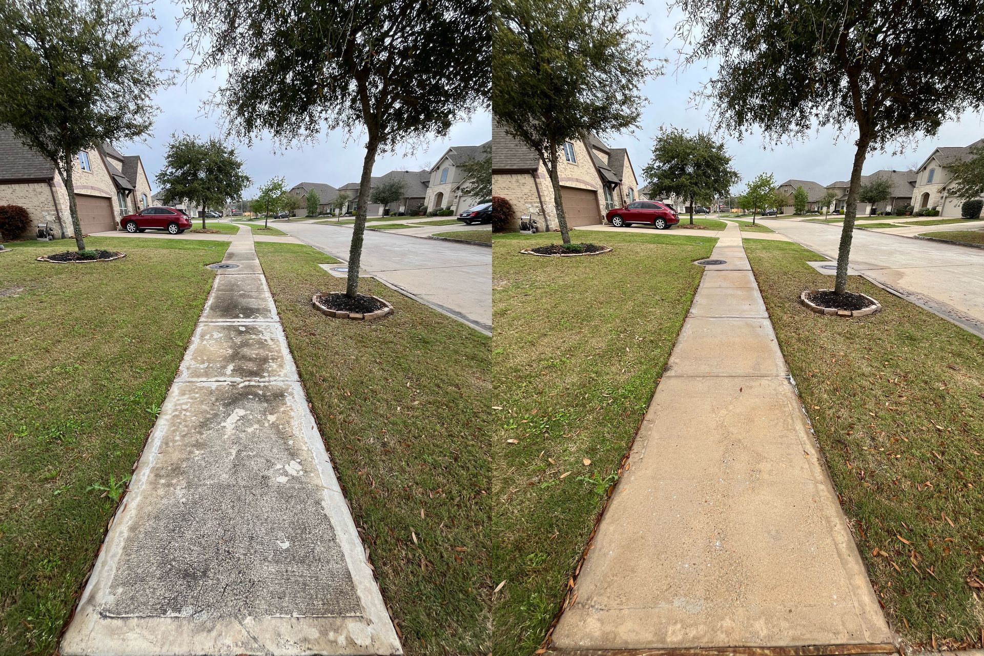 A before and after photo of a sidewalk in a residential neighborhood.