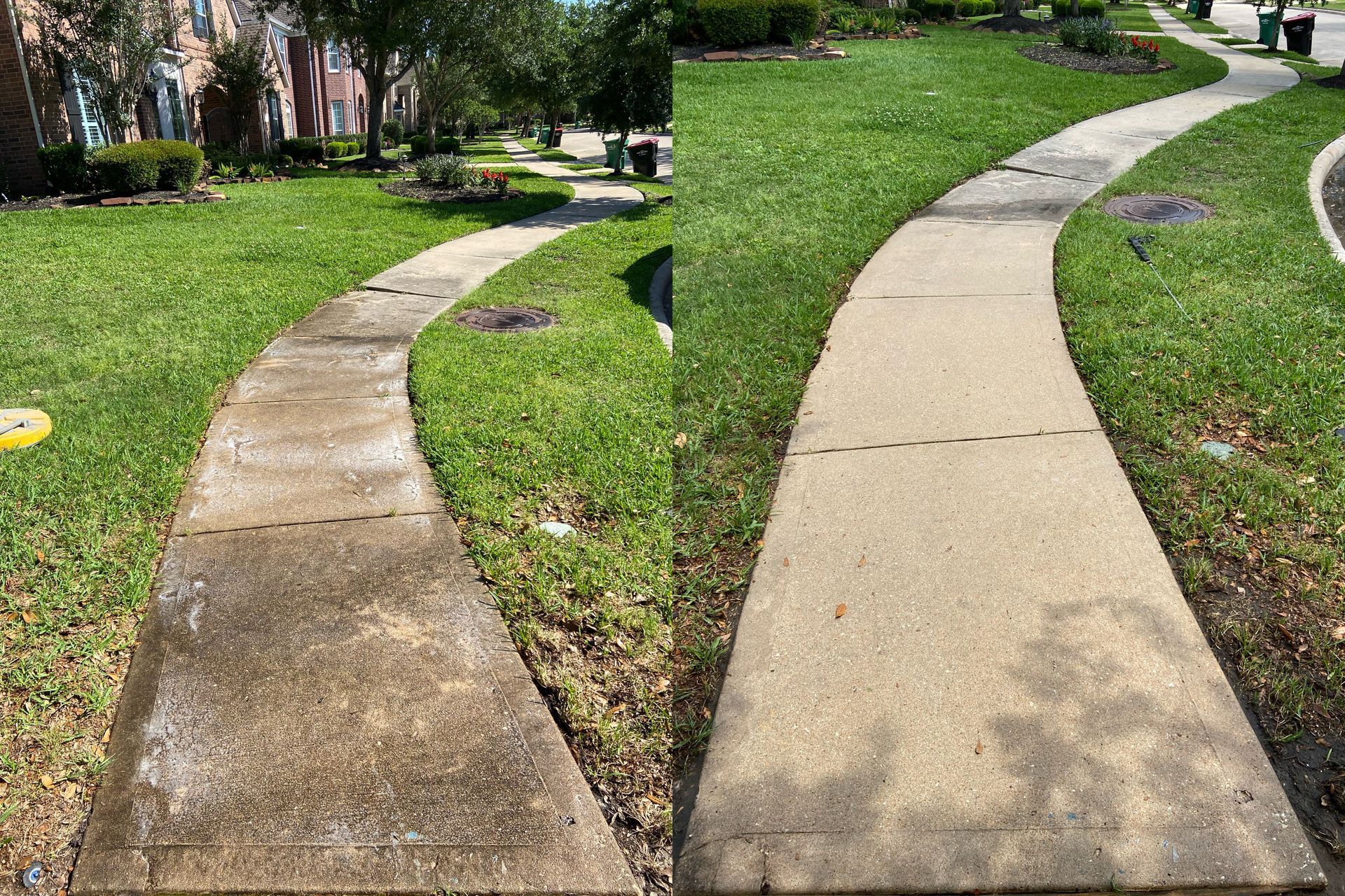 A before and after photo of a sidewalk in a park.