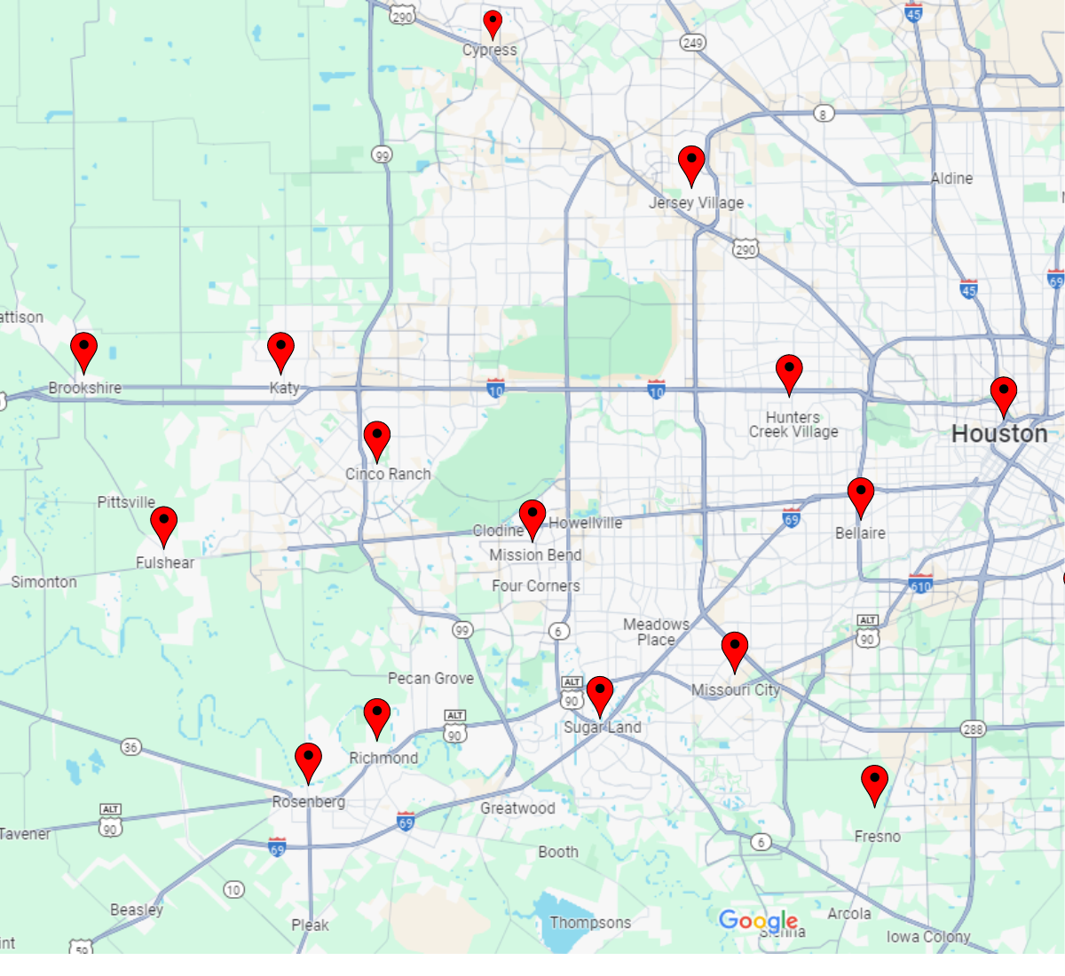 A map of houston texas with red pins on it.