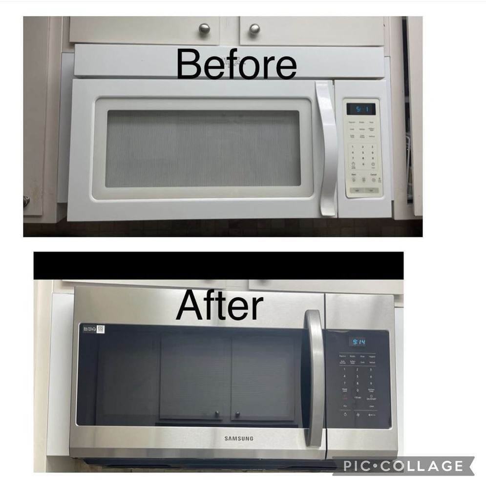 Before and after of a microwave. Top is white, old style. Bottom is stainless steel, newer model.
