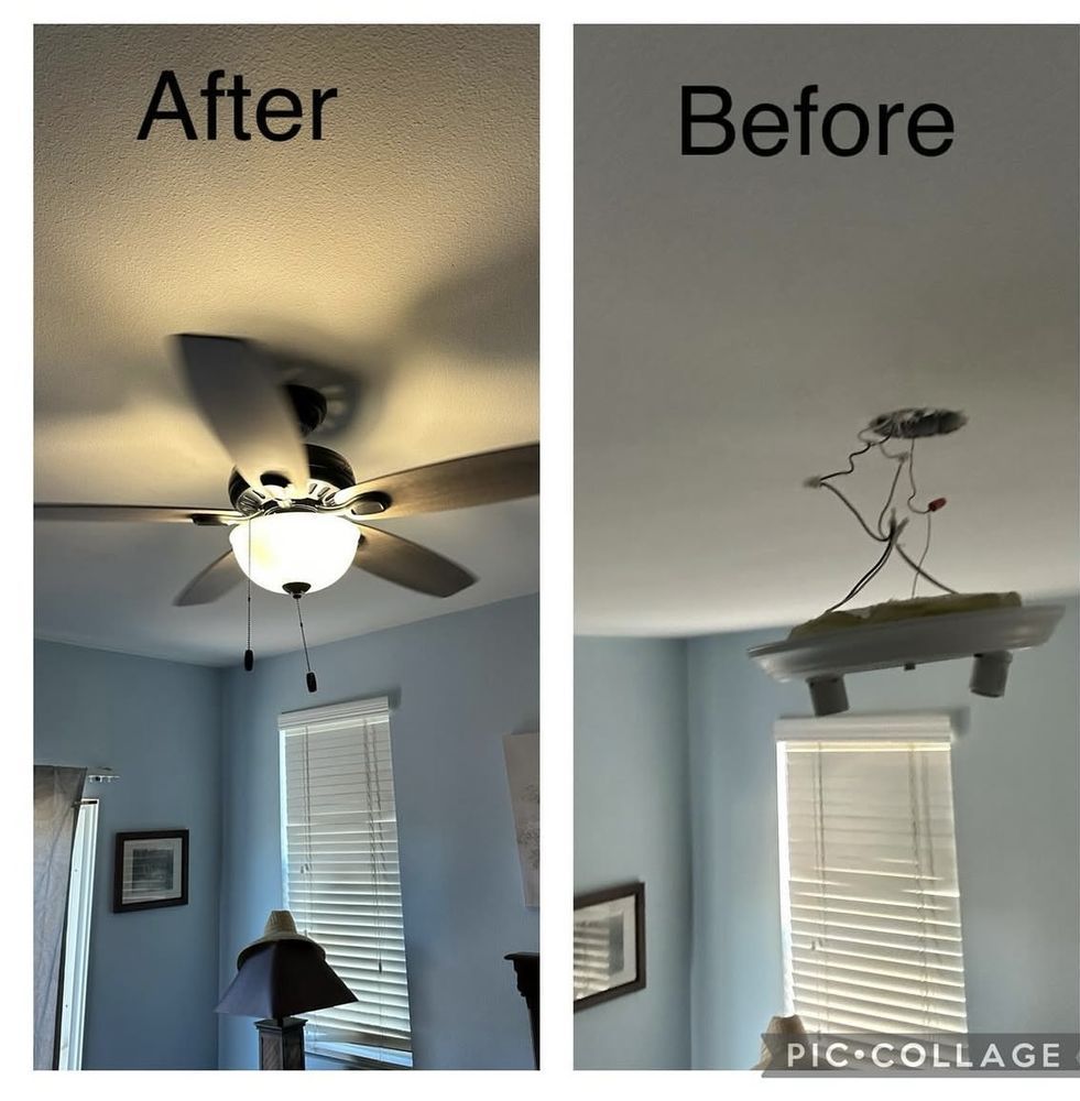 "After & before views: A ceiling fan replaces a hanging light fixture in a blue room."