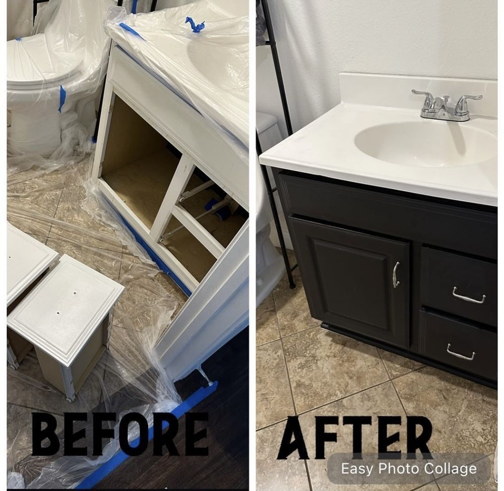 Bathroom vanity before and after painting. White vanity being painted dark gray, countertop and hardware remain the same.