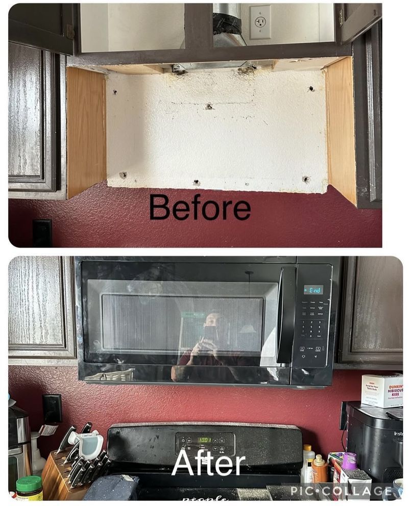 Before/after of microwave installation: empty cabinet then black microwave above a stove.