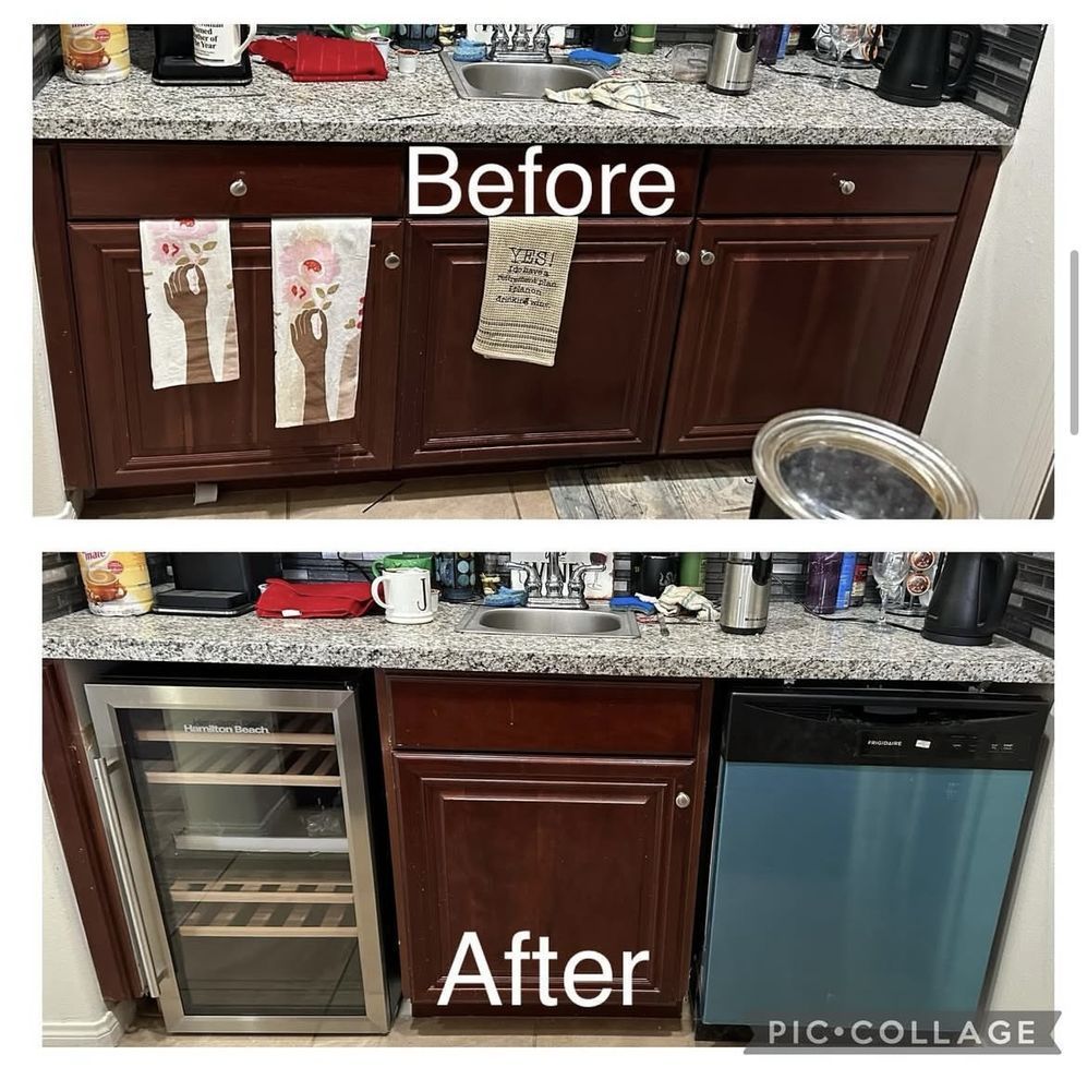 Before-and-after of a kitchen sink area. Dark cabinets, a countertop, and a stainless steel sink are present. The "After" photo shows a wine fridge and a blue dishwasher.
