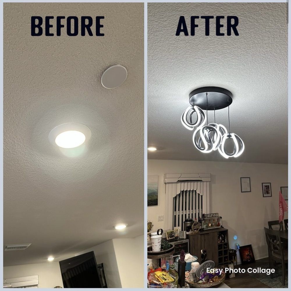 Before and after of a room with ceiling lights. One photo shows a recessed light, the other a modern chandelier.