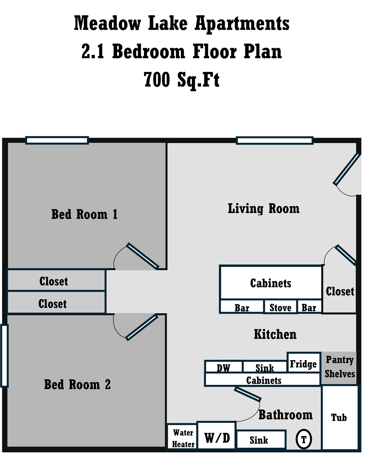 2 Bed, 1 Bath Floor Plan