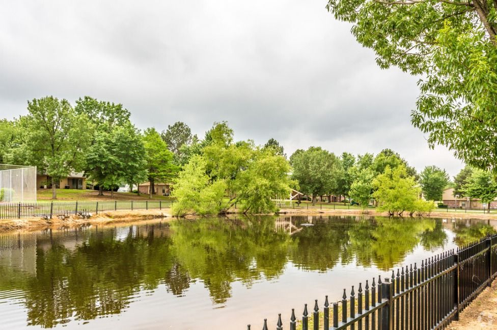 A lake surrounded by trees and a fence on a cloudy day.