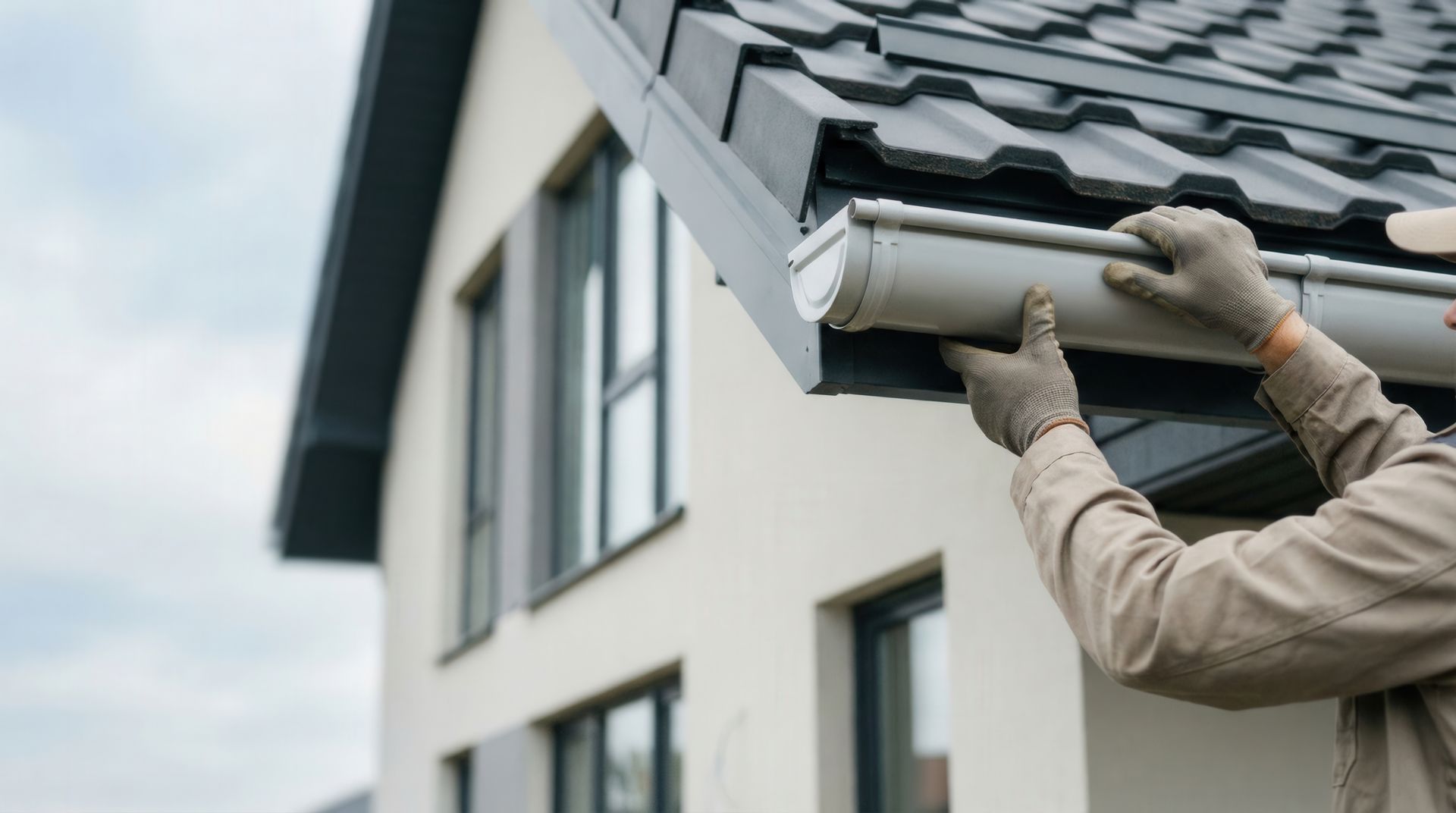 Hands installing a rain gutter section along the roof edge of a modern house Hands installing a rain gutter section along the roof edge of a modern house