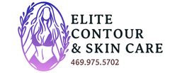 Logo with woman's silhouette in a purple oval with text "Elite Contour & Skin Care" and phone number.