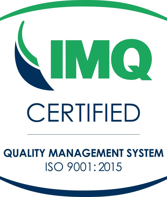 Logo IMQ Certified per il sistema di gestione della qualità ISO 9001:2015 nei colori verde, blu e nero.