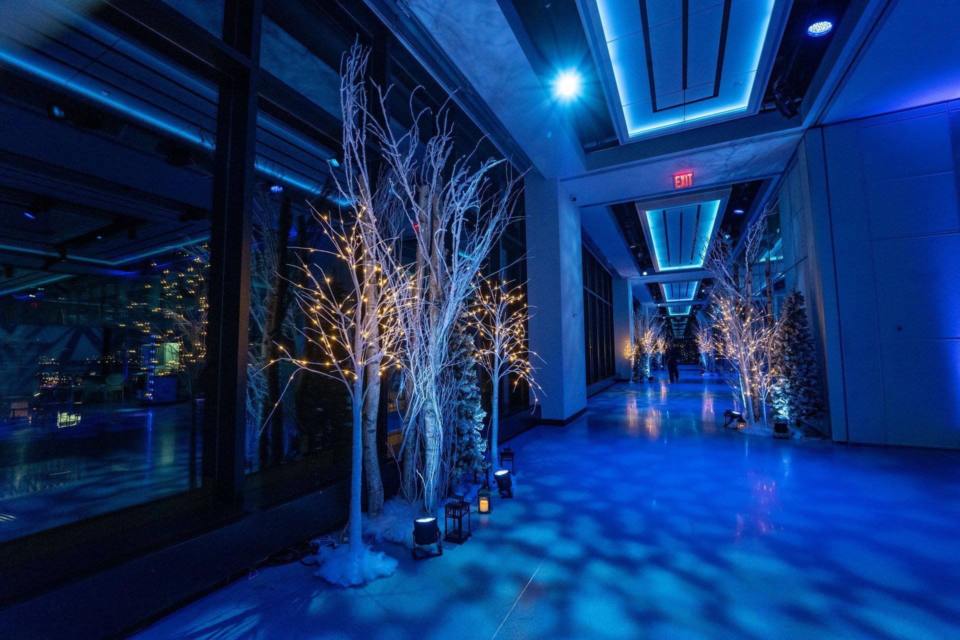 Hallway with blue lighting, decorative illuminated trees, and a large window.