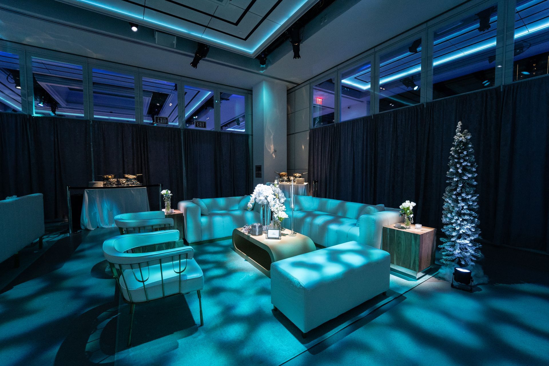 Lounge area with blue lighting, white couches, a small table, and a decorative tree.