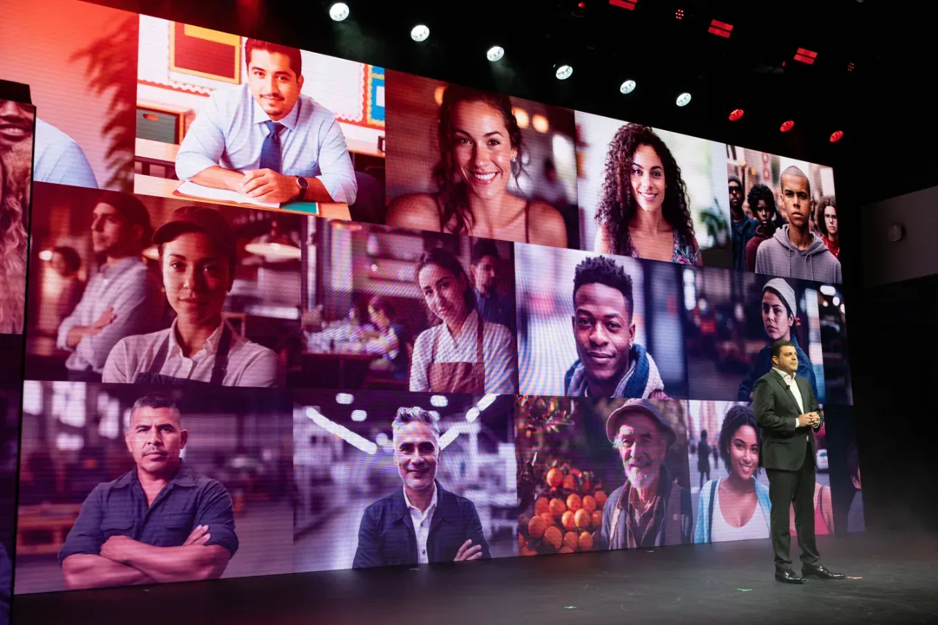 A man is standing in front of a large screen with a collage of people on it.