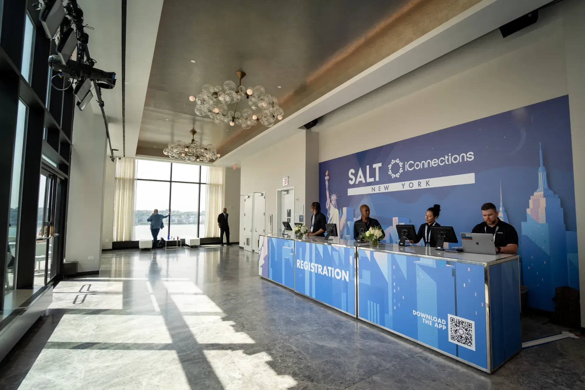 A large room with a blue sign that says salt on it