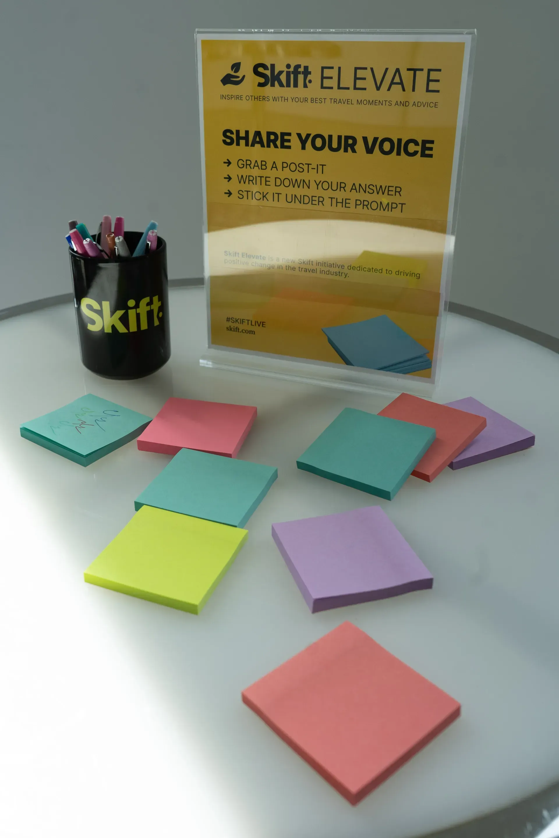 A table with sticky notes and a sign that says skill elevate