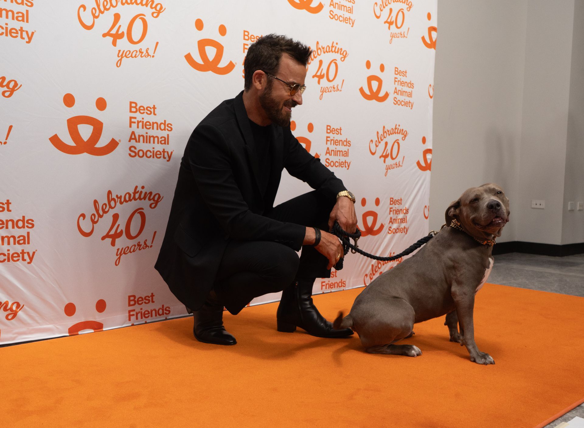 A man is kneeling down next to a dog on a red carpet