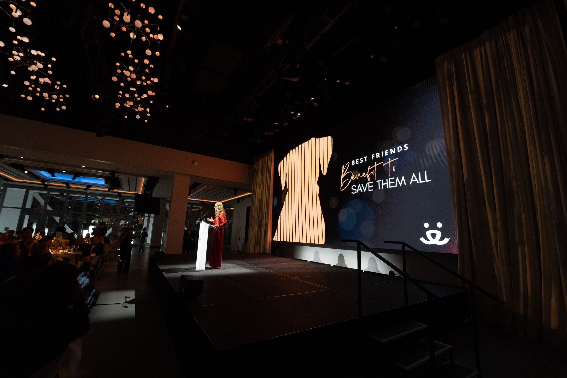 A woman is giving a speech on a stage in front of a large screen.
