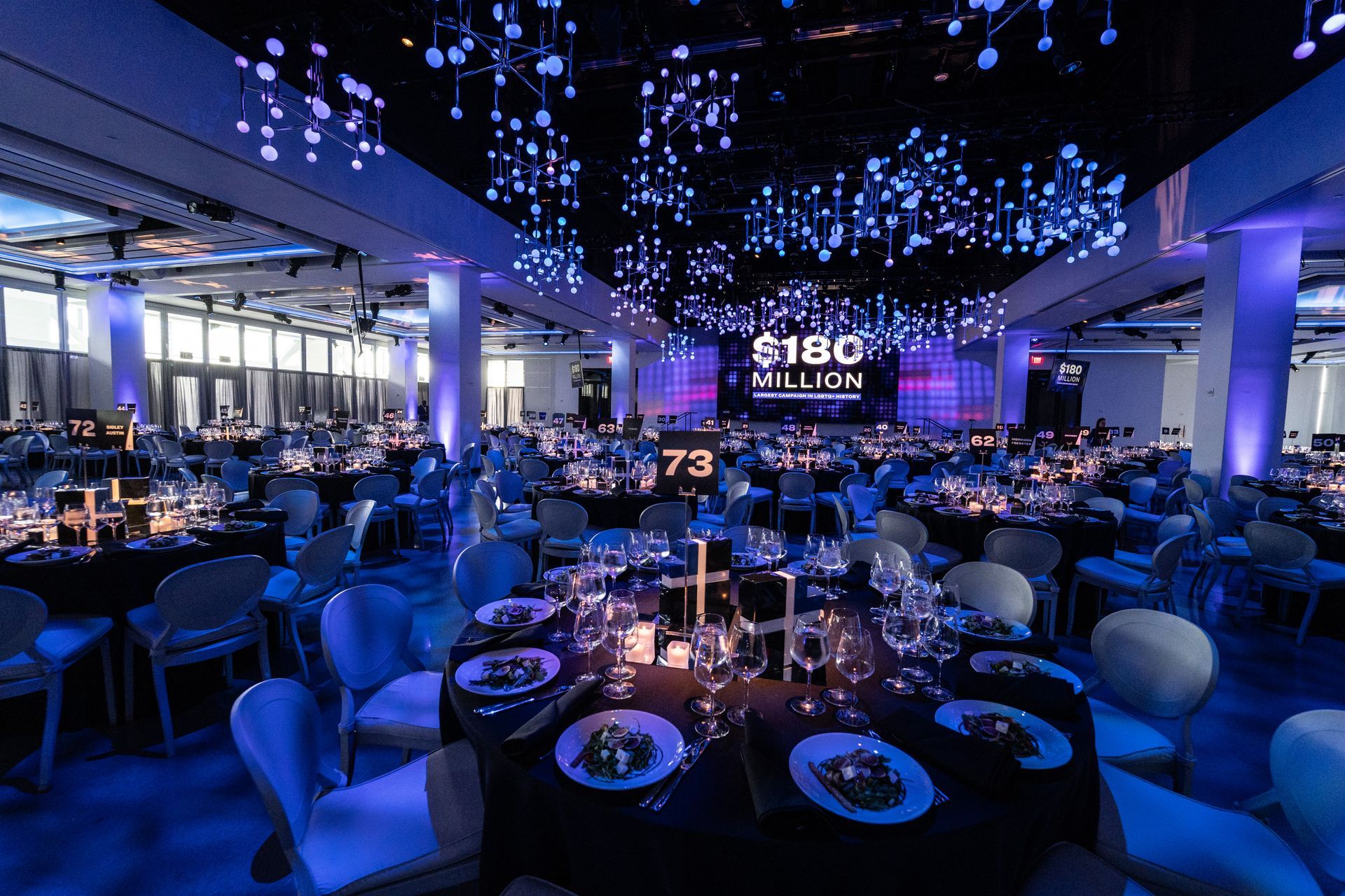 A large room with tables and chairs and a sign that says $ 180 million