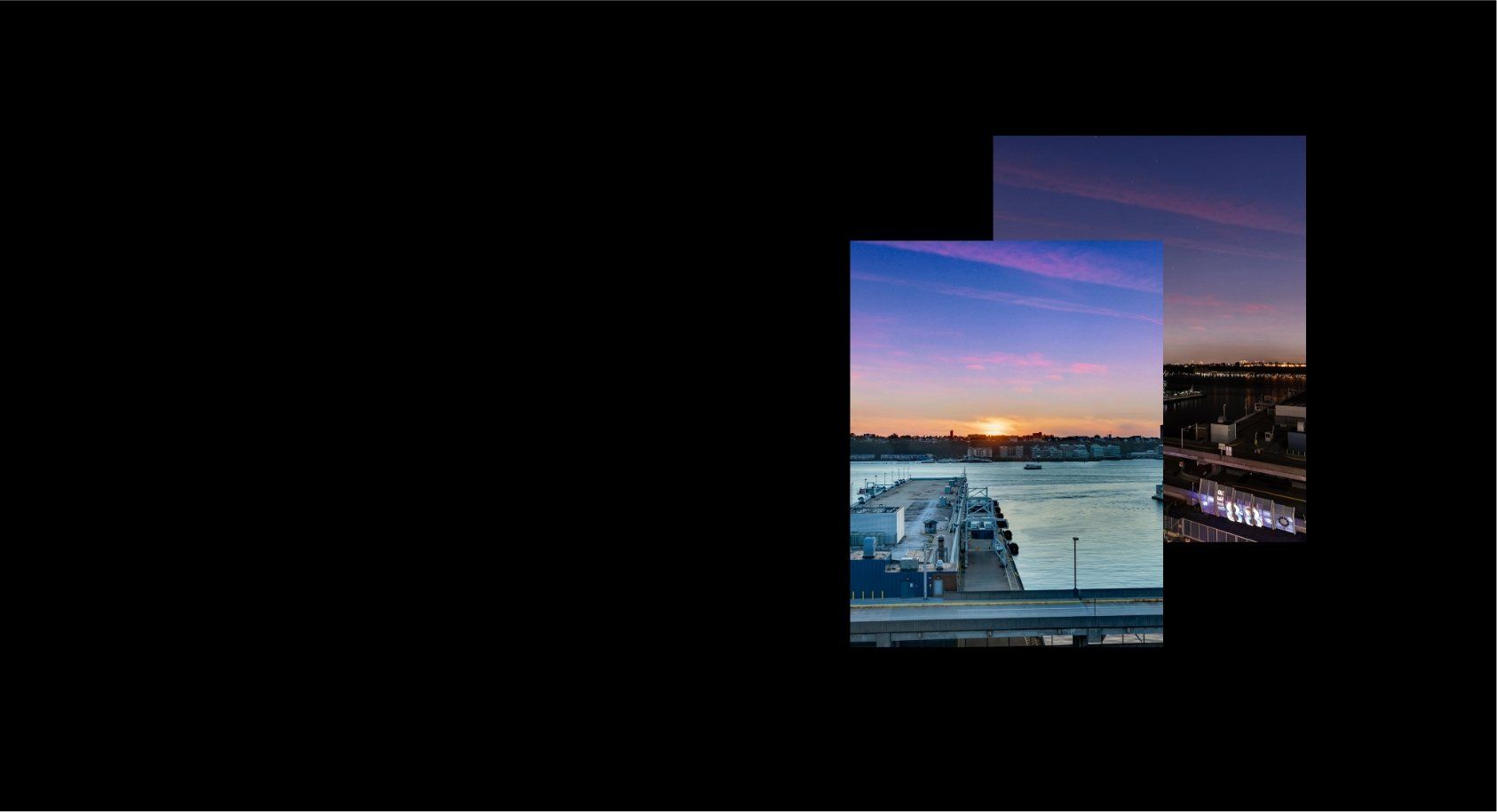 A collage of two pictures of a sunset over a body of water.
