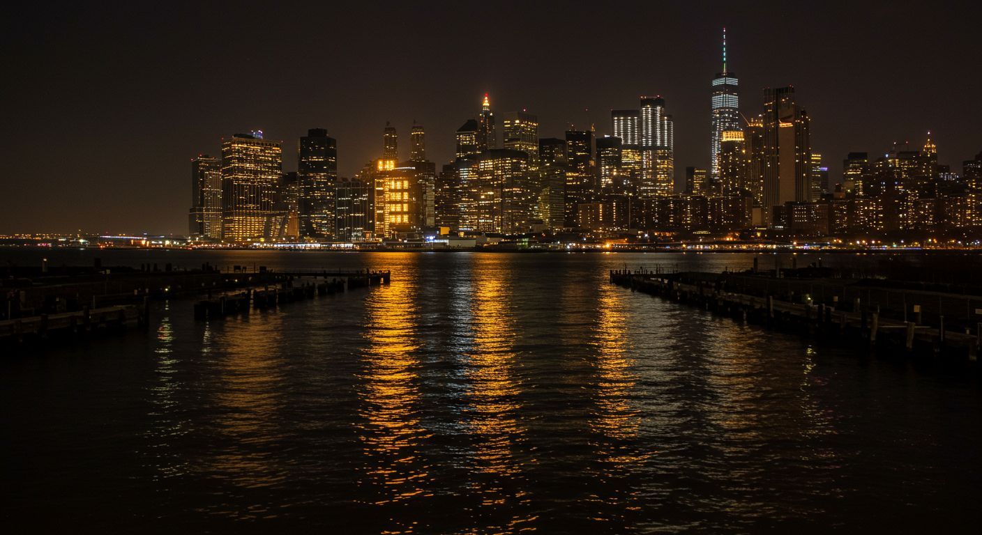 The city skyline is reflected in the water at night.