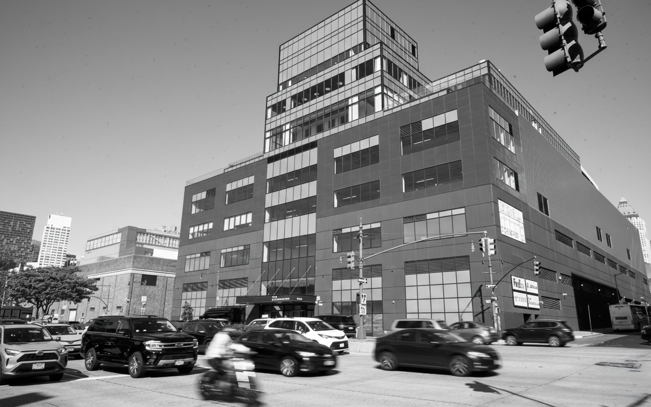 Black and white photo of a modern building on a city street with traffic.