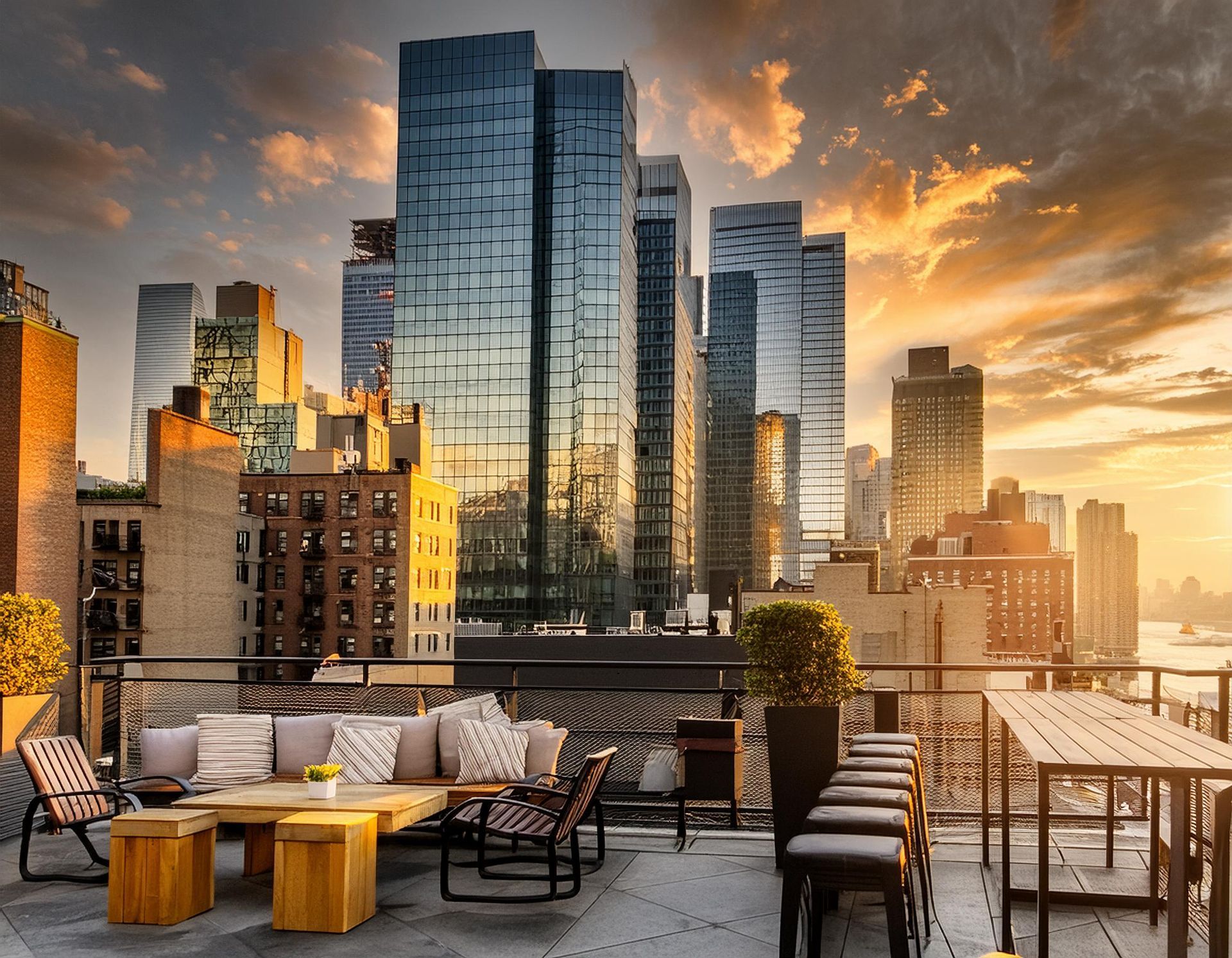 A rooftop patio with a view of the city skyline at sunset