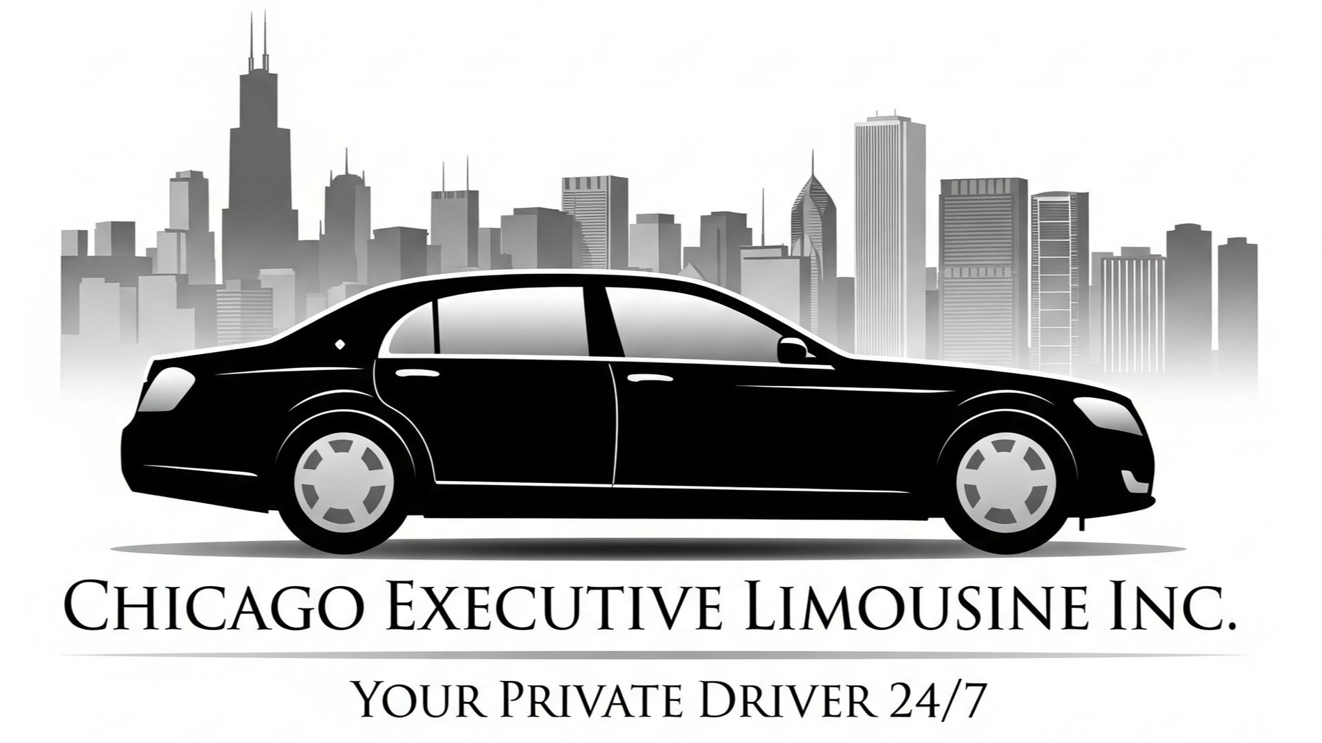 Chicago Executive Limousine Inc. logo featuring a luxury car parked in front of a Chicago skyline.