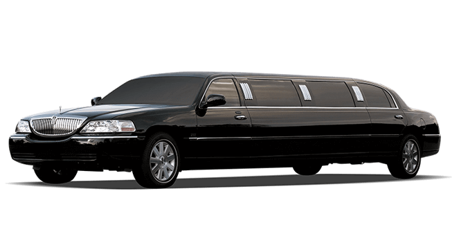 Black limousine, side view, parked on a surface, ready for transportation.