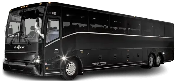 Black charter bus with silver accents parked outdoors.