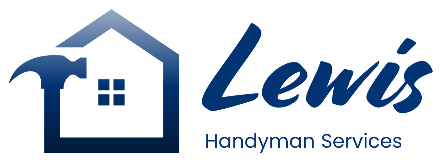 Logo for Lewis Handyman Services featuring a dark blue house outline integrated with a hammer and the company name.