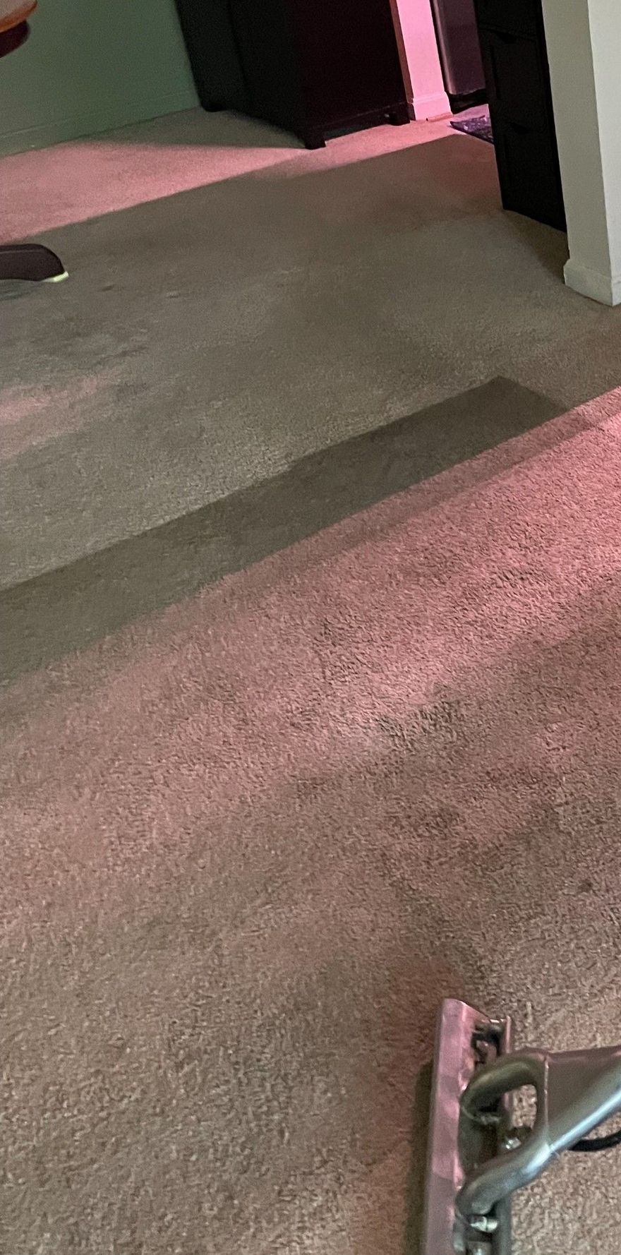 A close-up view of a metal carpet cleaning wand resting on carpet, showing a distinct line between cleaned and dirty areas.