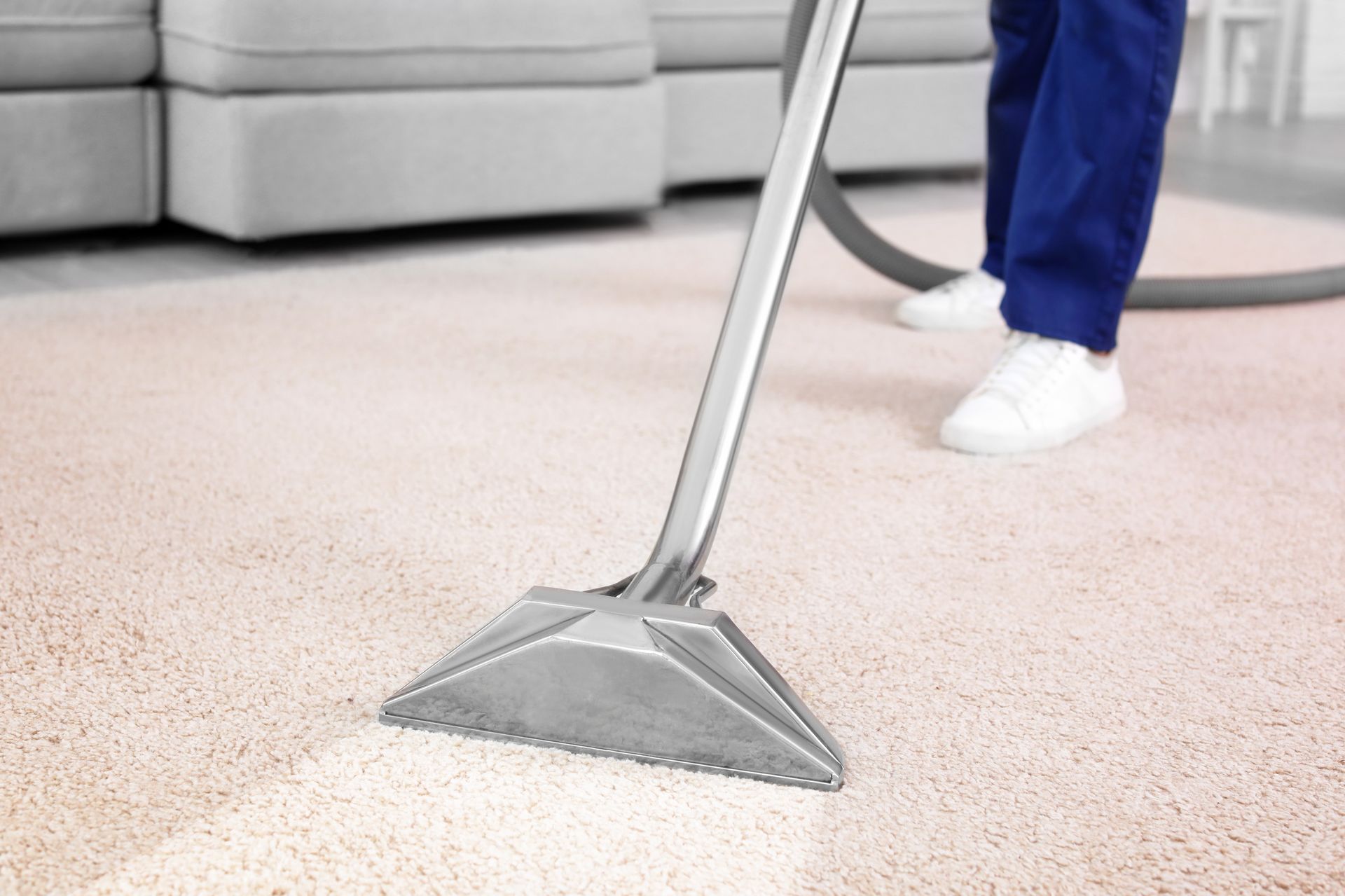 Worker removing dirt from carpet indoors.